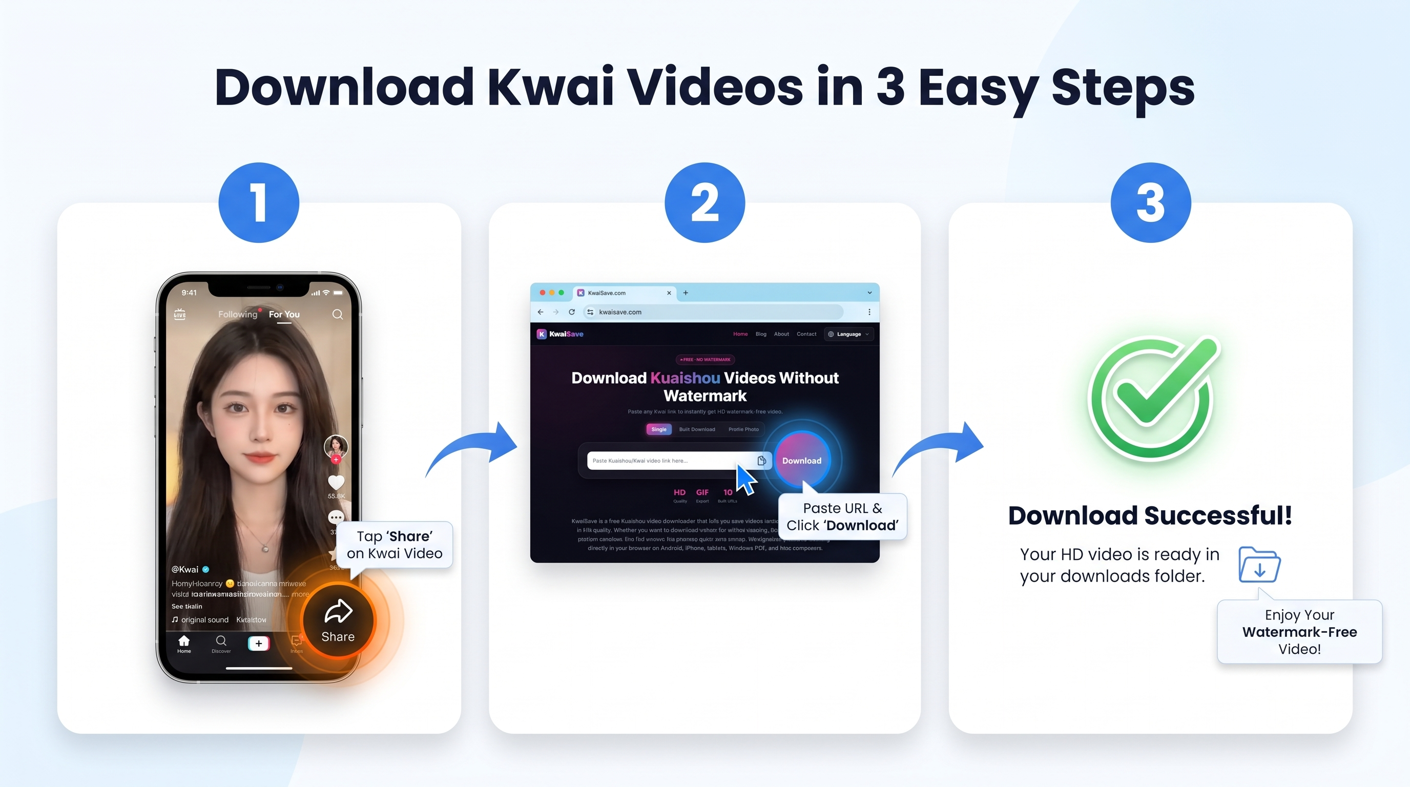 Visual step-by-step guide to download Kwai and Kuaishou videos online using KwaiSave in three easy steps
