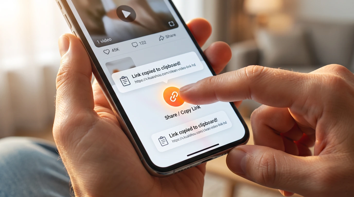 Hands tapping Share / Copy Link on a smartphone, with a Link copied to clipboard confirmation showing a clean Kuaishou video URL