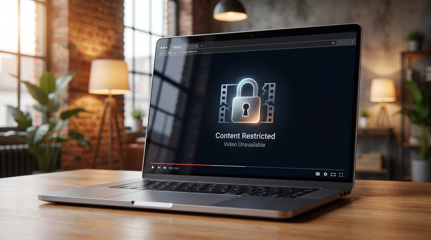 Laptop browser showing a padlock with a Content Restricted, Video Unavailable message for a private video