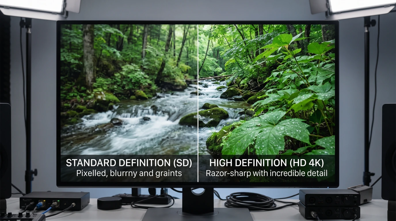 Split-screen monitor comparing a blurry, pixelated SD video frame with a sharp HD frame of the same forest stream