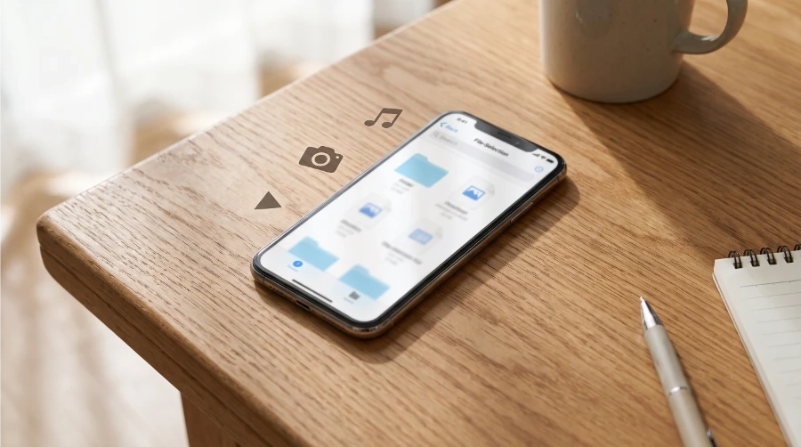 Ilustração de celular sobre a mesa com ícones de vídeo, foto e áudio, representando os formatos de download do KwaiSave: vídeo MP4, foto de perfil e áudio MP3